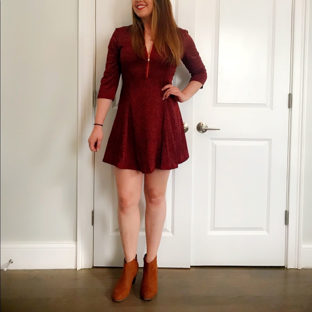 3 quarter sleeved, silky short red dress
